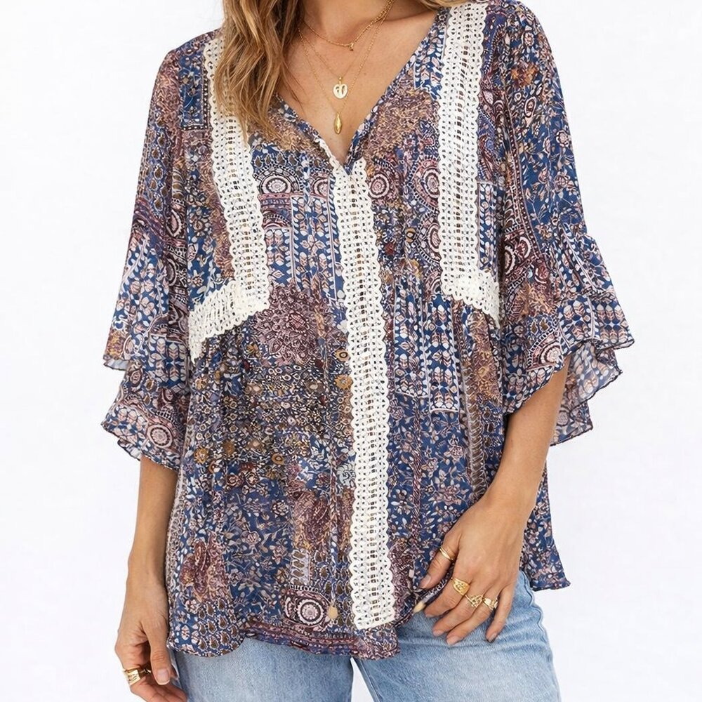 Women's  L  Flowy Patchwork Flutter sleeve Crochet detail Boho Top